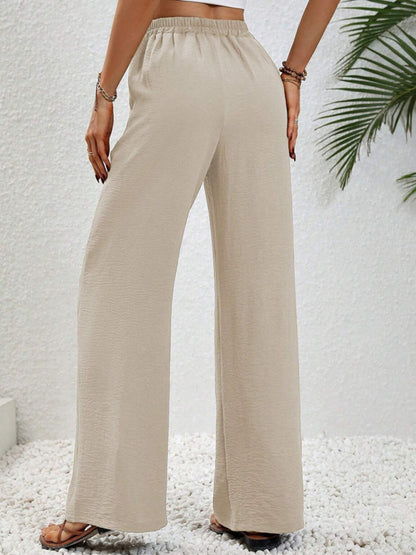 Solid Pants- Solid Elastic Waist Palazzo Pants for Everyday- - Pekosa Women Clothing