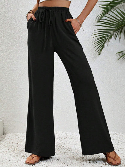 Solid Pants- Solid Elastic Waist Palazzo Pants for Everyday- Pitch-black- Pekosa Women Clothing