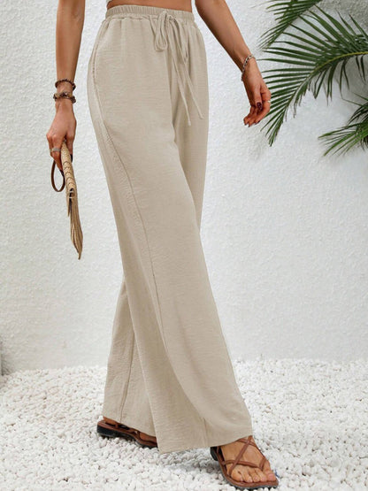 Solid Pants- Solid Elastic Waist Palazzo Pants for Everyday- - Pekosa Women Clothing