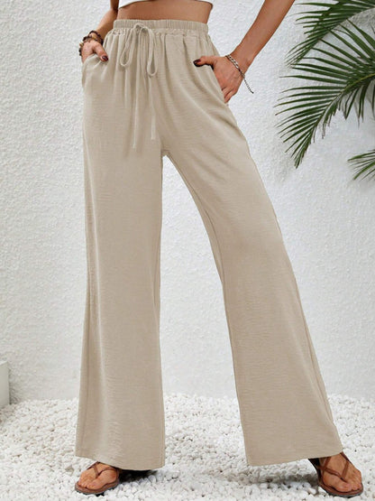 Solid Pants- Solid Elastic Waist Palazzo Pants for Everyday- Cream- Pekosa Women Clothing