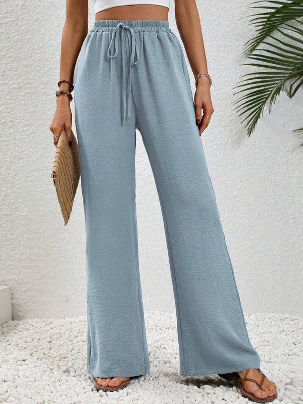 Solid Pants- Solid Elastic Waist Palazzo Pants for Everyday- Blue- Pekosa Women Clothing