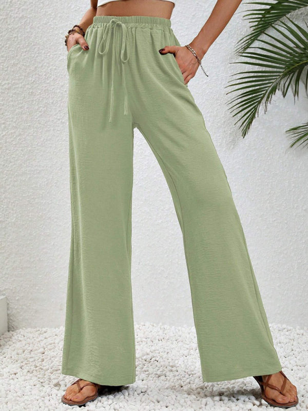 Solid Pants- Solid Elastic Waist Palazzo Pants for Everyday- Green- Pekosa Women Clothing