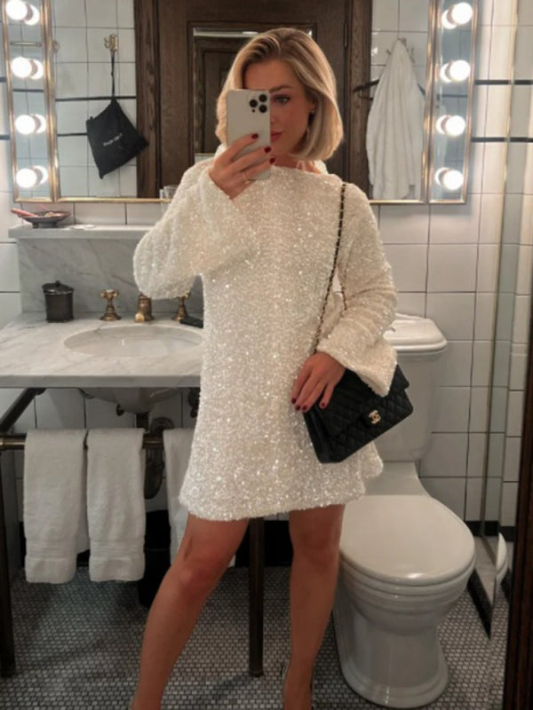 Sparkle Dresses- Sequin Tunic Mini Dress for Fashion Shows- White- Pekosa Women Clothing