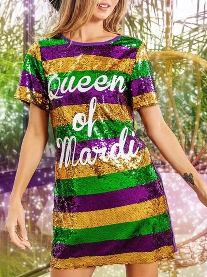 Sparkle Dresses- Sparkling Sequined Mardi Gras Tunic Tee Dress with Short Sleeves- - Pekosa Women Clothing