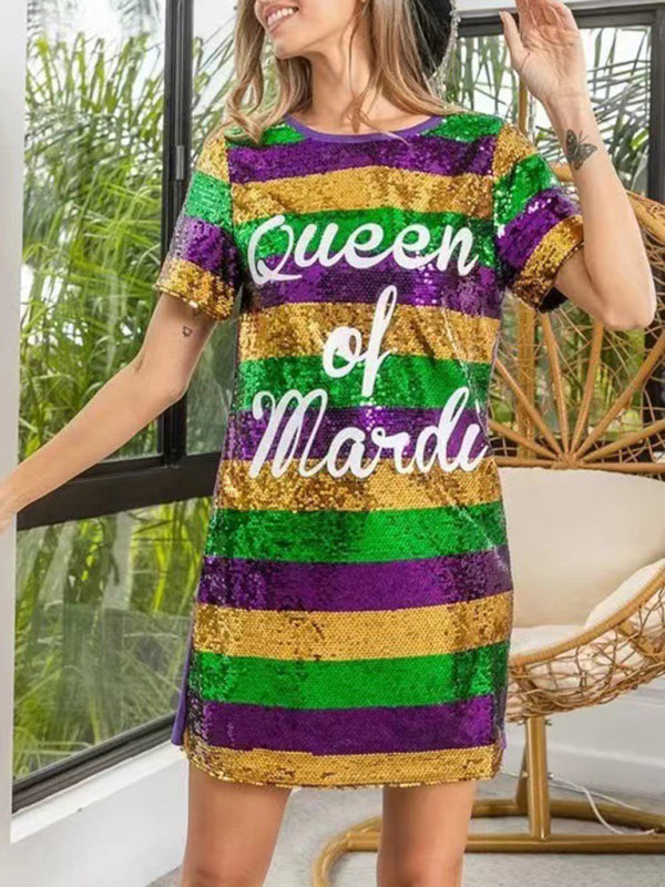 Sparkle Dresses- Sparkling Sequined Mardi Gras Tunic Tee Dress with Short Sleeves- - Pekosa Women Clothing