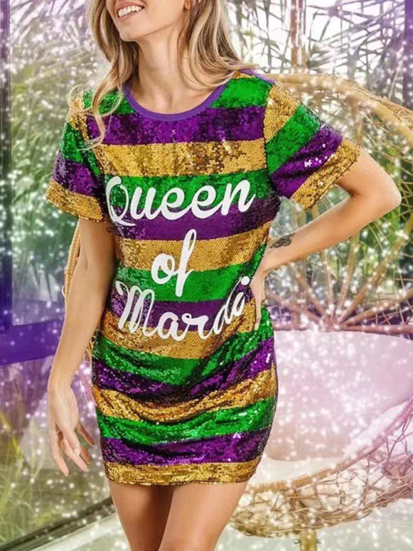 Sparkle Dresses- Sparkling Sequined Mardi Gras Tunic Tee Dress with Short Sleeves- - Pekosa Women Clothing