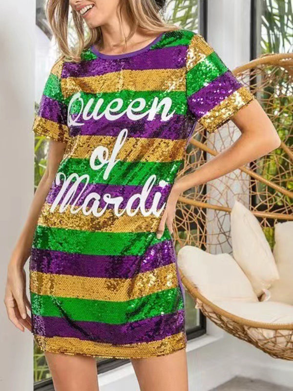 Sparkle Dresses- Sparkling Sequined Mardi Gras Tunic Tee Dress with Short Sleeves- Purple- Pekosa Women Clothing