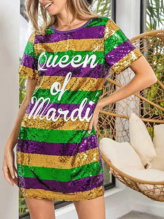 Sparkle Dresses- Sparkling Sequined Mardi Gras Tunic Tee Dress with Short Sleeves- Purple- Pekosa Women Clothing