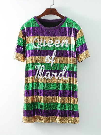 Sparkle Dresses- Sparkling Sequined Mardi Gras Tunic Tee Dress with Short Sleeves- - Pekosa Women Clothing