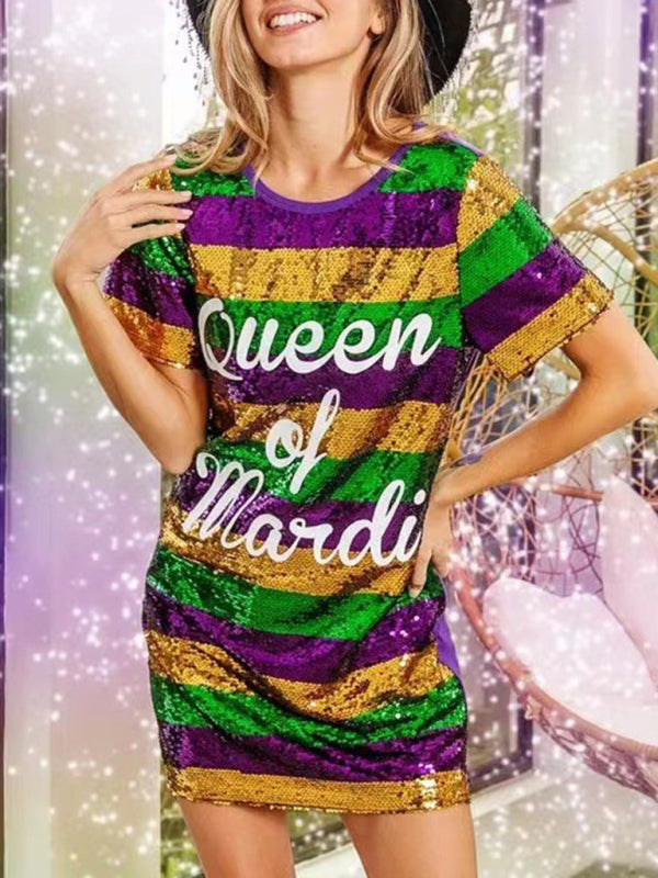 Sparkle Dresses- Sparkling Sequined Mardi Gras Tunic Tee Dress with Short Sleeves- - Pekosa Women Clothing