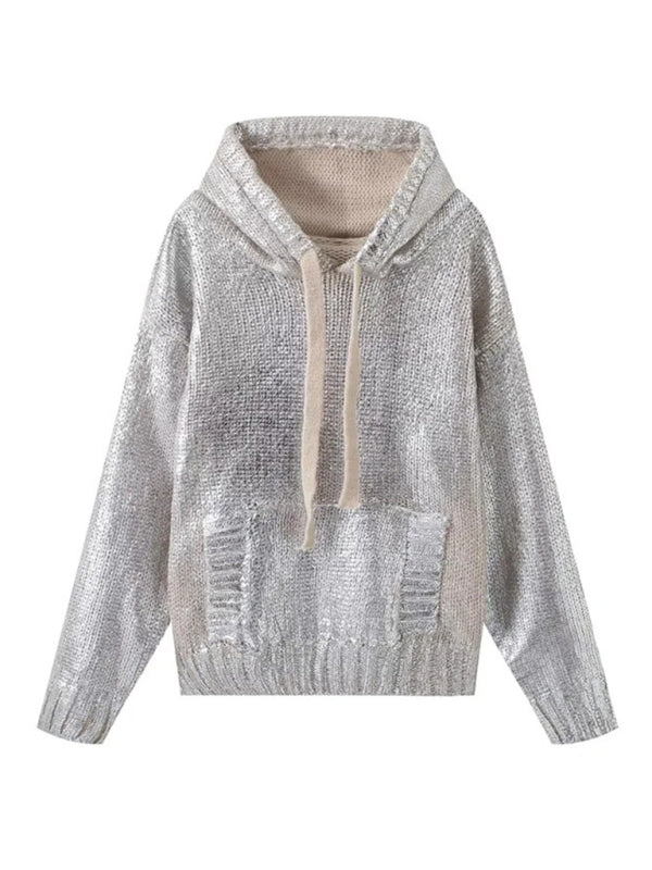 Sparkle Sweatshirts- Casual Glamour Sparkling Metallic Hooded Sweatshirt- Silver grey- Pekosa Women Clothing