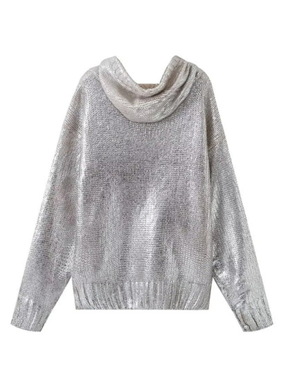 Sparkle Sweatshirts- Casual Glamour Sparkling Metallic Hooded Sweatshirt- - Pekosa Women Clothing