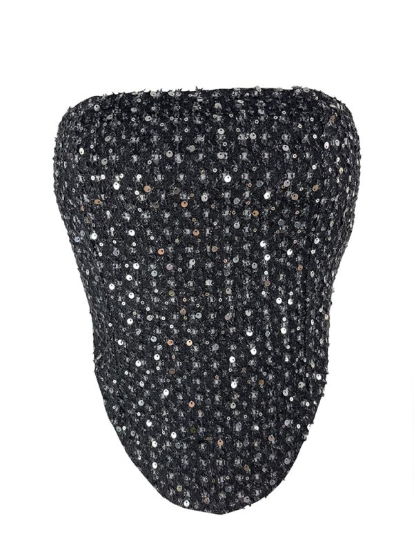 Sparkle Tops- Sparkle Strapless Denim Tube Top for Summer Festivities- - Pekosa Women Fashion