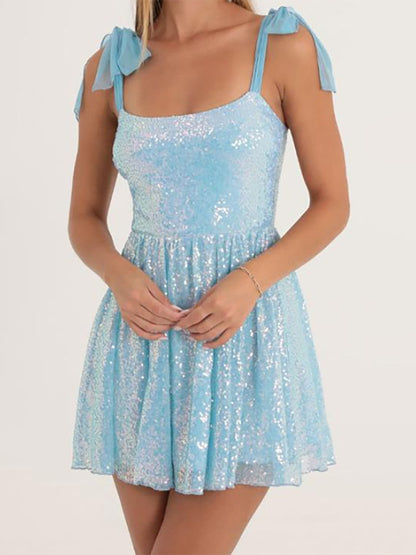 Sparkly Dresses- Glitter Cocktail Sequined Tie-Shoulder Mini Dress- Blue- Pekosa Women Clothing