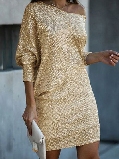 Sparkly Dresses- Wedding Guest Glitter Bat-Sleeve Autumn Shift Dress- Golden- Pekosa Women Clothing