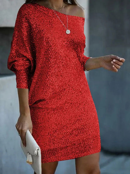 Sparkly Dresses- Wedding Guest Glitter Bat-Sleeve Autumn Shift Dress- Red- Pekosa Women Clothing