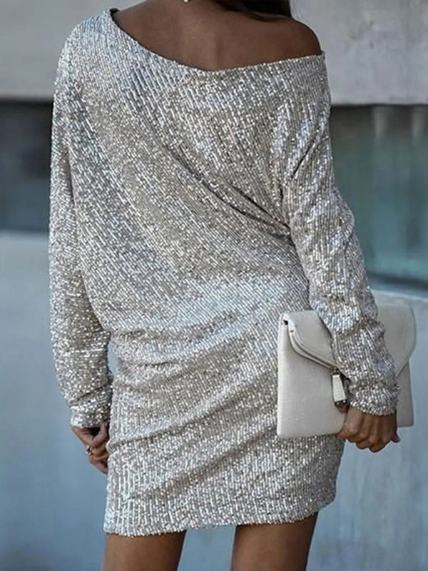 Sparkly Dresses- Wedding Guest Glitter Bat-Sleeve Autumn Shift Dress- - Pekosa Women Clothing