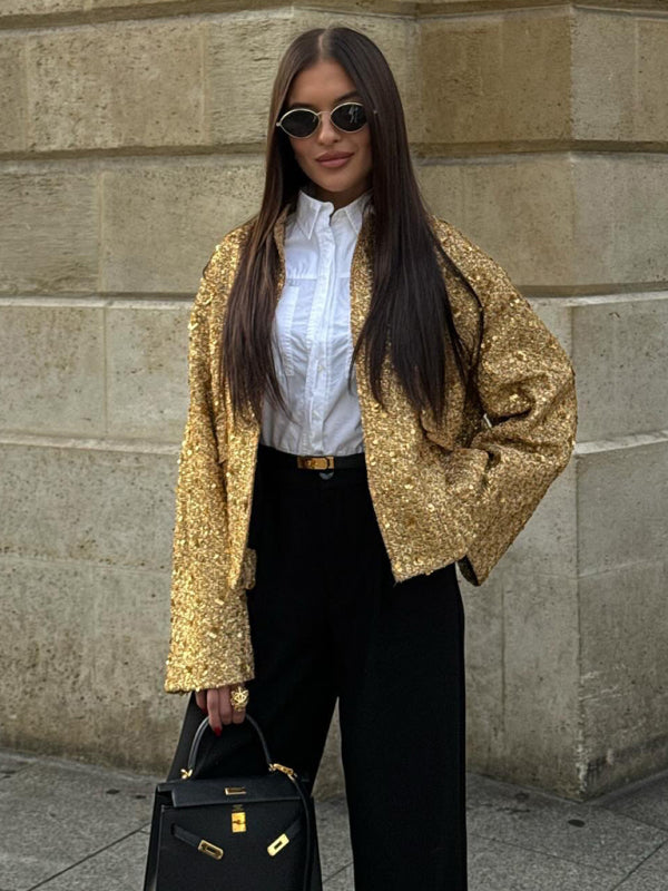 Sparkly Jackets- Festive Sparkling Metallic Chips Jacket- Gold- Pekosa Women Clothing