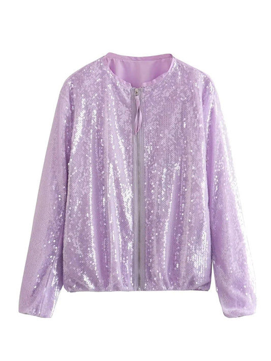 Sparkly Jackets- Glitter Sequined Zip-Up Bomber Jacket- Violet- Pekosa Women Clothing