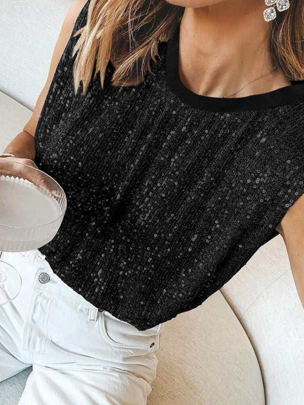 Sparkly Tank Tops- Glamour Sequin Crew Neck Glittery Tank Top with Padding- - Pekosa Women Clothing