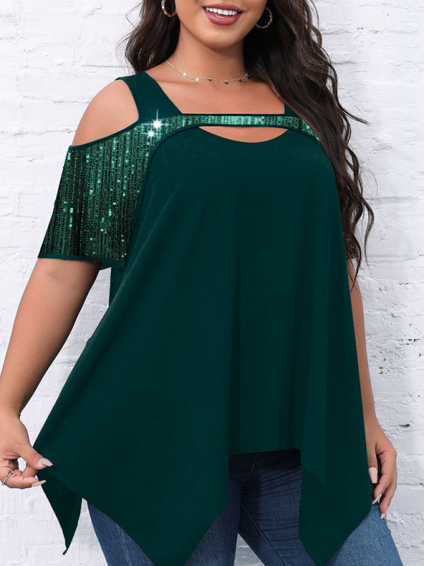 Sparkly Tops- Festive Sequined Cutout Shoulder- - Pekosa Women Clothing