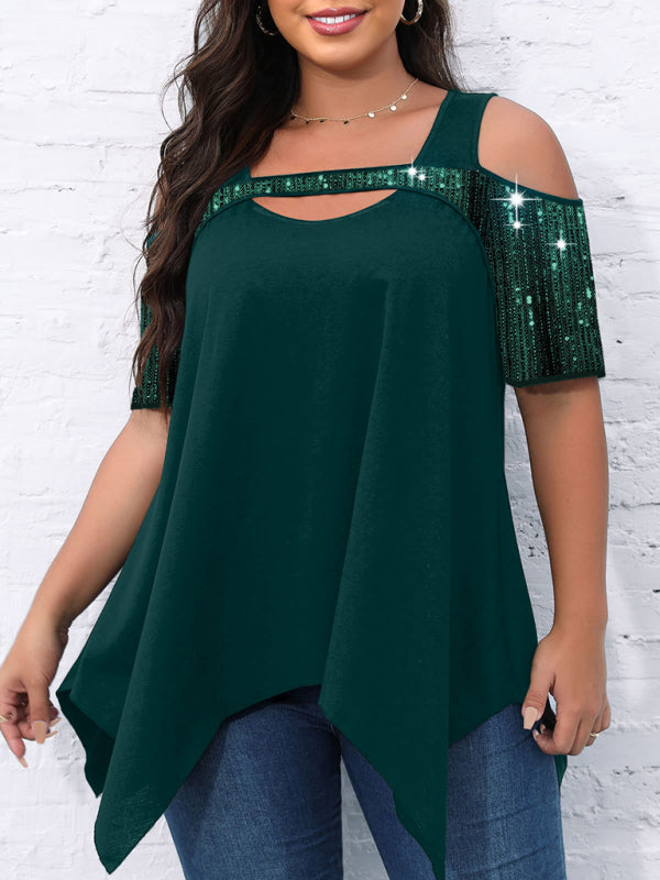 Sparkly Tops- Festive Sequined Cutout Shoulder- Green- Pekosa Women Clothing