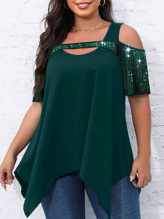 Sparkly Tops- Festive Sequined Cutout Shoulder- Green- Pekosa Women Clothing