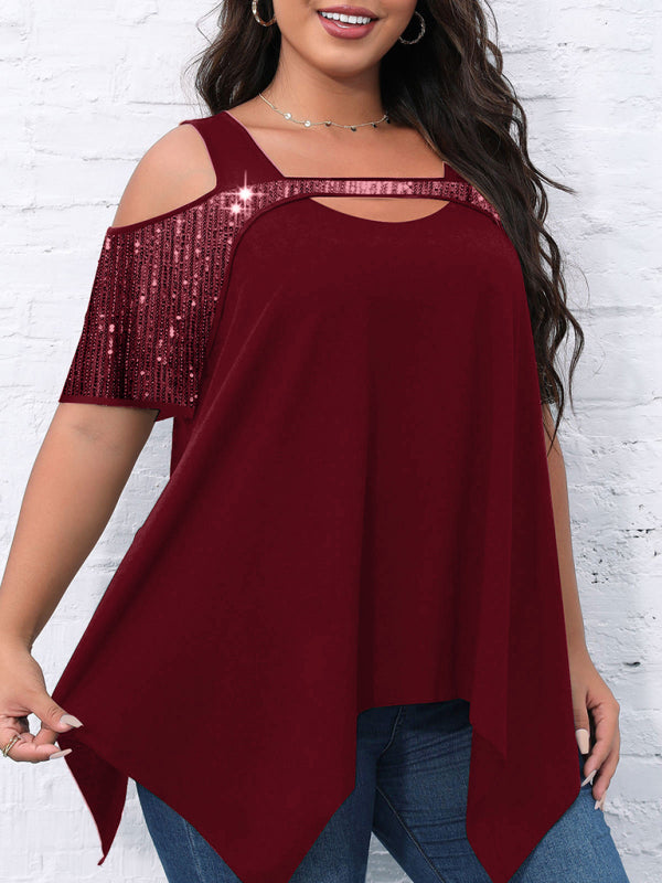 Sparkly Tops- Festive Sequined Cutout Shoulder- - Pekosa Women Clothing