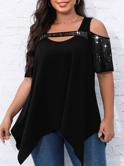 Sparkly Tops- Festive Sequined Cutout Shoulder- Black- Pekosa Women Clothing