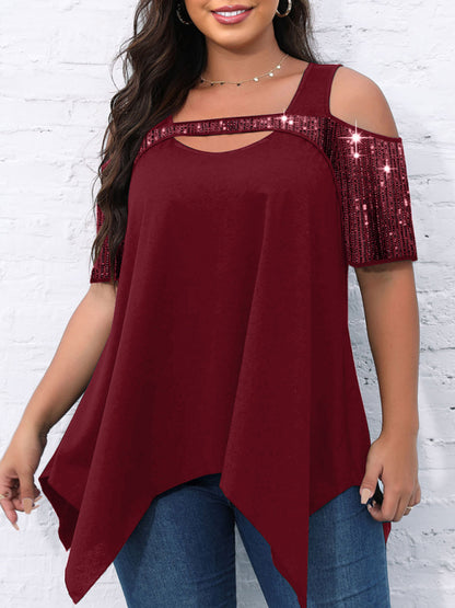 Sparkly Tops- Festive Sequined Cutout Shoulder- Red- Pekosa Women Clothing