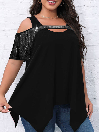 Sparkly Tops- Festive Sequined Cutout Shoulder- - Pekosa Women Clothing