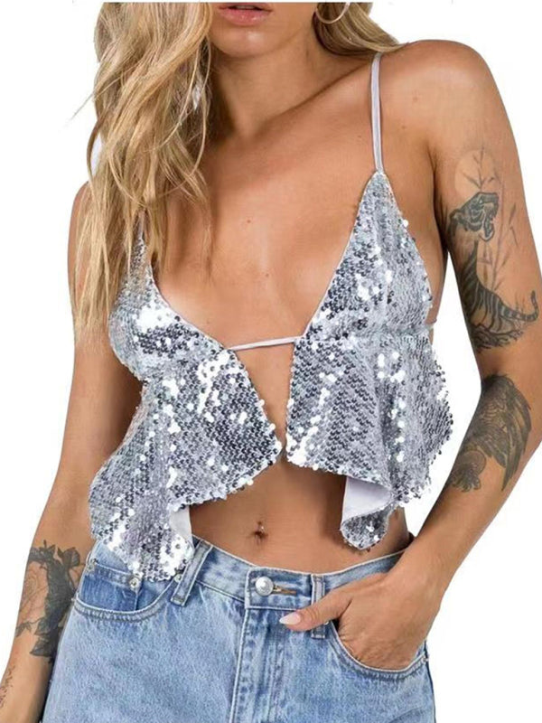 Sparkly Tops- New Year's Glamour Sparkly Sequin Backless Cami Top- Silver grey- Pekosa Women Clothing