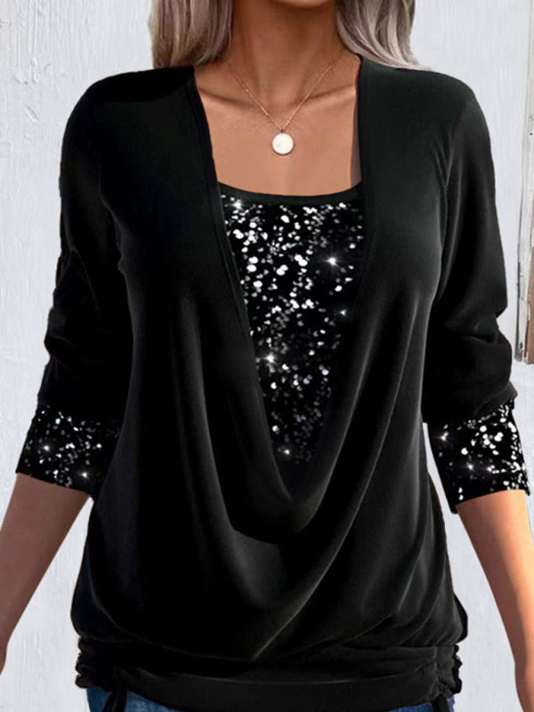 Sparkly Tops- Night Out Fake 2-Piece Long Sleeve Sequin Top- Black- Pekosa Women Clothing