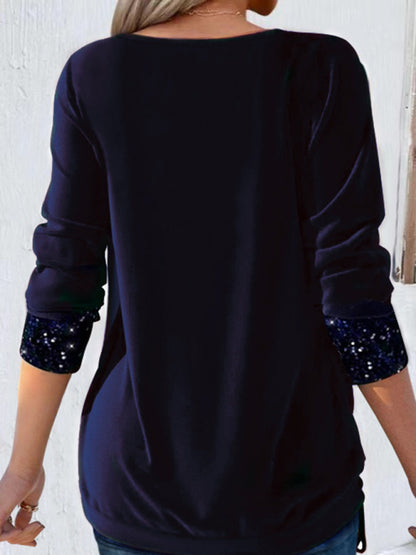 Sparkly Tops- Night Out Fake 2-Piece Long Sleeve Sequin Top- - Pekosa Women Clothing