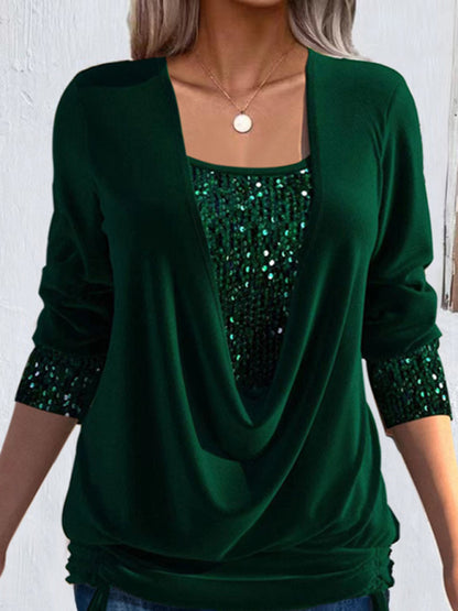 Sparkly Tops- Night Out Fake 2-Piece Long Sleeve Sequin Top- Green- Pekosa Women Clothing