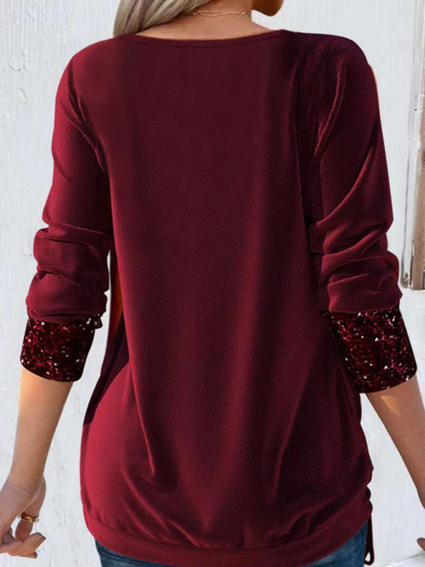 Sparkly Tops- Night Out Fake 2-Piece Long Sleeve Sequin Top- - Pekosa Women Clothing