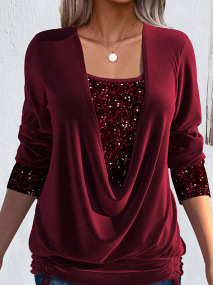 Sparkly Tops- Night Out Fake 2-Piece Long Sleeve Sequin Top- Red- Pekosa Women Clothing