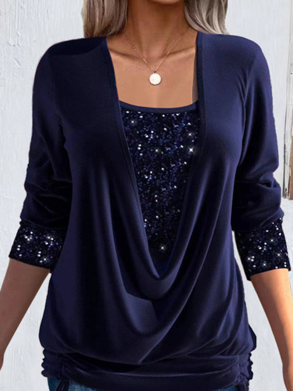 Sparkly Tops- Night Out Fake 2-Piece Long Sleeve Sequin Top- Blue- Pekosa Women Clothing