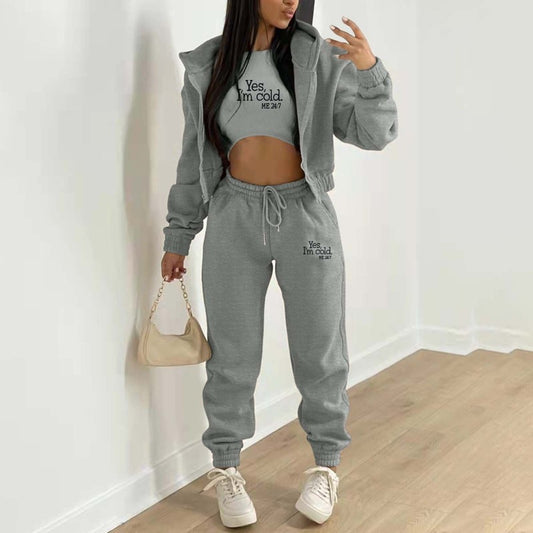 Sport Outfit- 3-Pc Yoga Cotton-Blend Joggers & Cozy Hoodie & Crop Tank Top- Grey- Pekosa Women Clothing