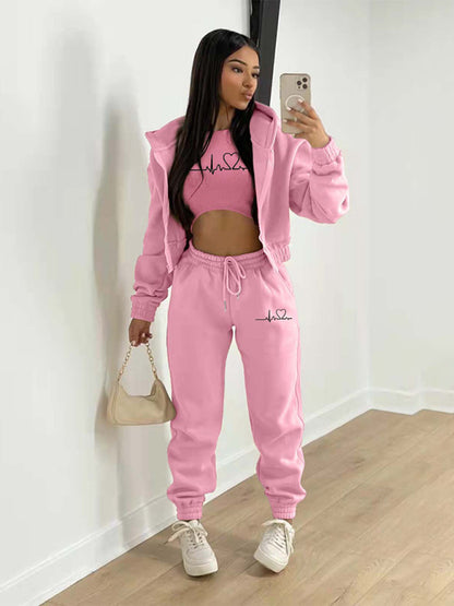 Sport Outfit- 3-Pcs Sport Outfit Sweatpants & Cozy Sweatshirt & Crop Tank Top- Pink- Pekosa Women Clothing