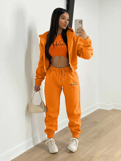Sport Outfit- 3-Pcs Sport Outfit Sweatpants & Cozy Sweatshirt & Crop Tank Top- Orange- Pekosa Women Clothing
