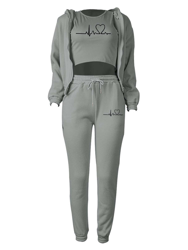 Sport Outfit- 3-Pcs Sport Outfit Sweatpants & Cozy Sweatshirt & Crop Tank Top- - Pekosa Women Clothing