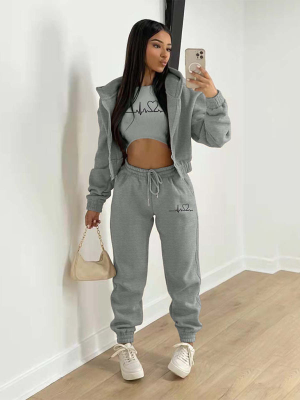 Sport Outfit- 3-Pcs Sport Outfit Sweatpants & Cozy Sweatshirt & Crop Tank Top- Grey- Pekosa Women Clothing