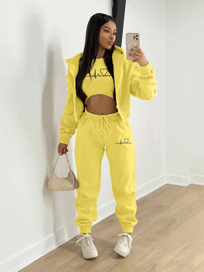 Sport Outfit- 3-Pcs Sport Outfit Sweatpants & Cozy Sweatshirt & Crop Tank Top- Yellow- Pekosa Women Clothing