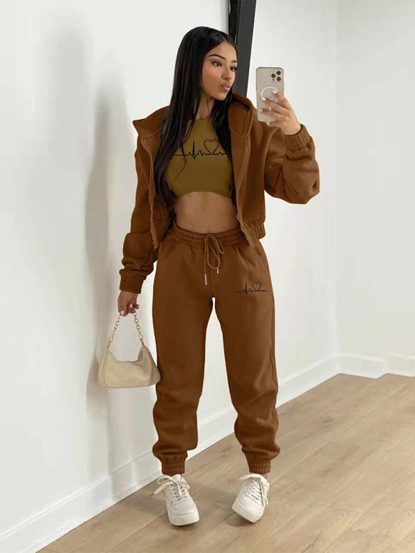 Sport Outfit- 3-Pcs Sport Outfit Sweatpants & Cozy Sweatshirt & Crop Tank Top- Brown- Pekosa Women Clothing