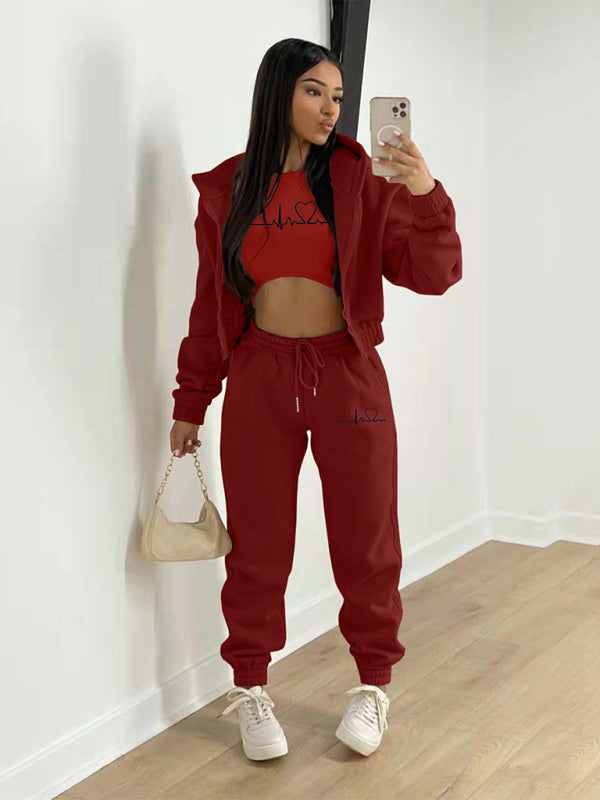 Sport Outfit- 3-Pcs Sport Outfit Sweatpants & Cozy Sweatshirt & Crop Tank Top- Wine Red- Pekosa Women Clothing