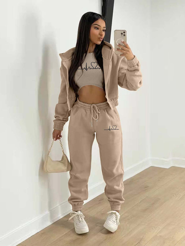 Sport Outfit- 3-Pcs Sport Outfit Sweatpants & Cozy Sweatshirt & Crop Tank Top- Khaki- Pekosa Women Clothing