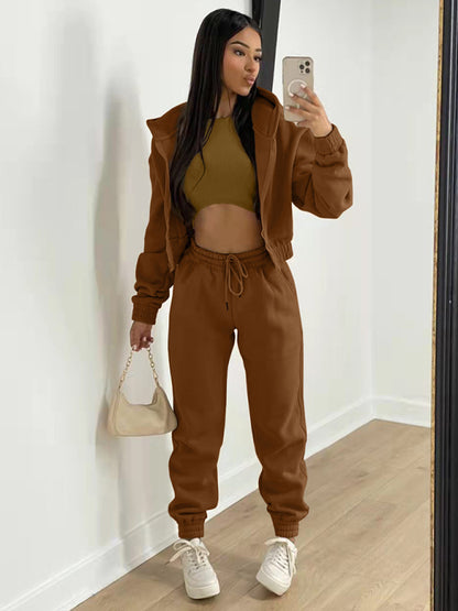 Sport Outfit- On-the-Go Casual 3-Piece Sweatpants, Hoodie, and Tank Top- Brown- Pekosa Women Clothing