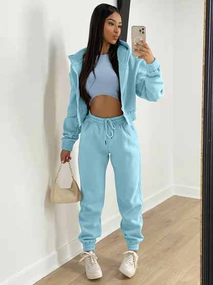 Sport Outfit- On-the-Go Casual 3-Piece Sweatpants, Hoodie, and Tank Top- Acid blue- Pekosa Women Clothing