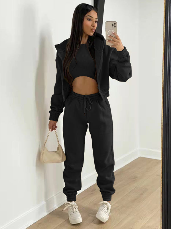 Sport Outfit- On-the-Go Casual 3-Piece Sweatpants, Hoodie, and Tank Top- Black- Pekosa Women Clothing